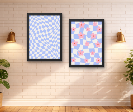 Trippy Checkerboard Flower Wall Art Set of 2 | Funky Aesthetic Wavy Pattern Framed Decor for Gen-Z Room