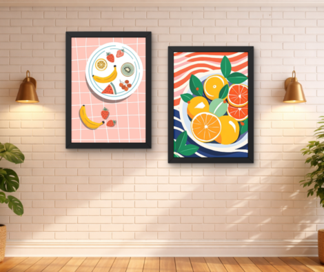 Fresh Citrus & Tropical Fruit Wall Art Set of 2 | Fruit Plate & Orange Bowl Framed Artwork