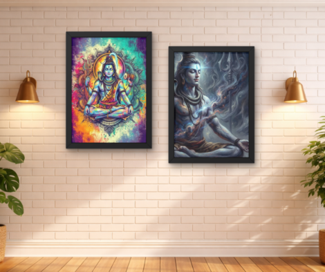 Lord Shiva Meditation Wall Art Set of 2 | Spiritual Mahadev Framed Wall Decor for Home & Temple