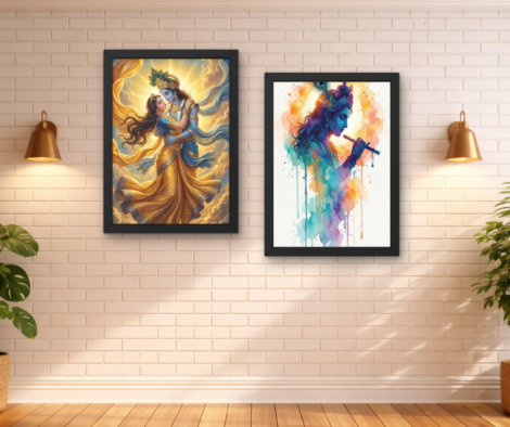 Radha Krishna Wall Art Set of 2 | Lord Krishna Flute & Divine Love Framed Wall Decor for Home & Temple